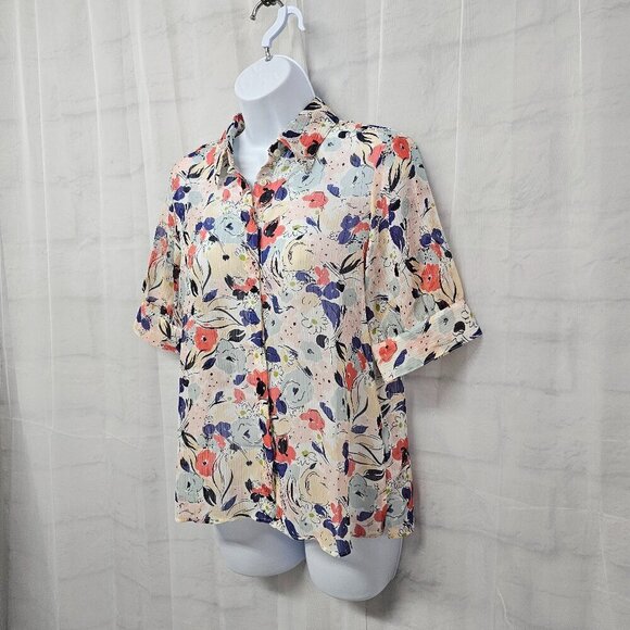 Chaps Pink Blue Floral Blouse Sheer Cottagecore Coquette Romantic M - Picture 6 of 11